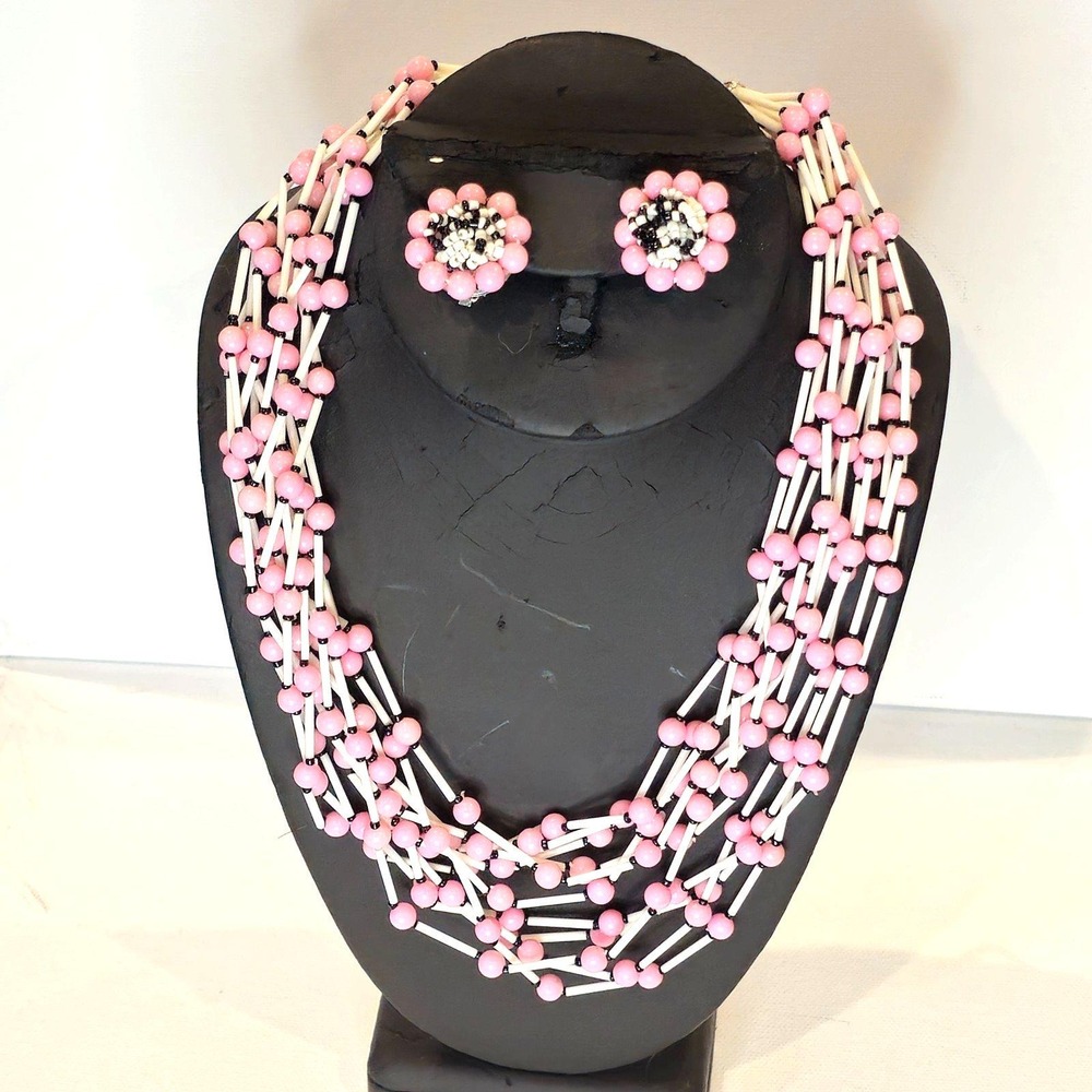 Vintage Japan Pink White Black Multi Strand Beaded Necklace Clip Earring Set